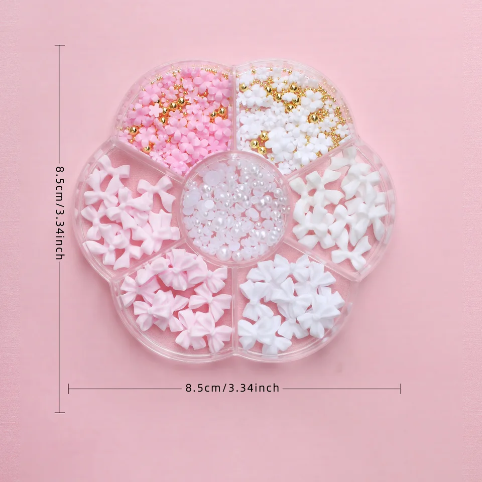 1 Caja Decoración de Uñas 3D Flores y Lazos, Kit Rosa/Blanco Acrílico con Cuentas de Perla, con Cera y Pinzas, 4/6mm 5