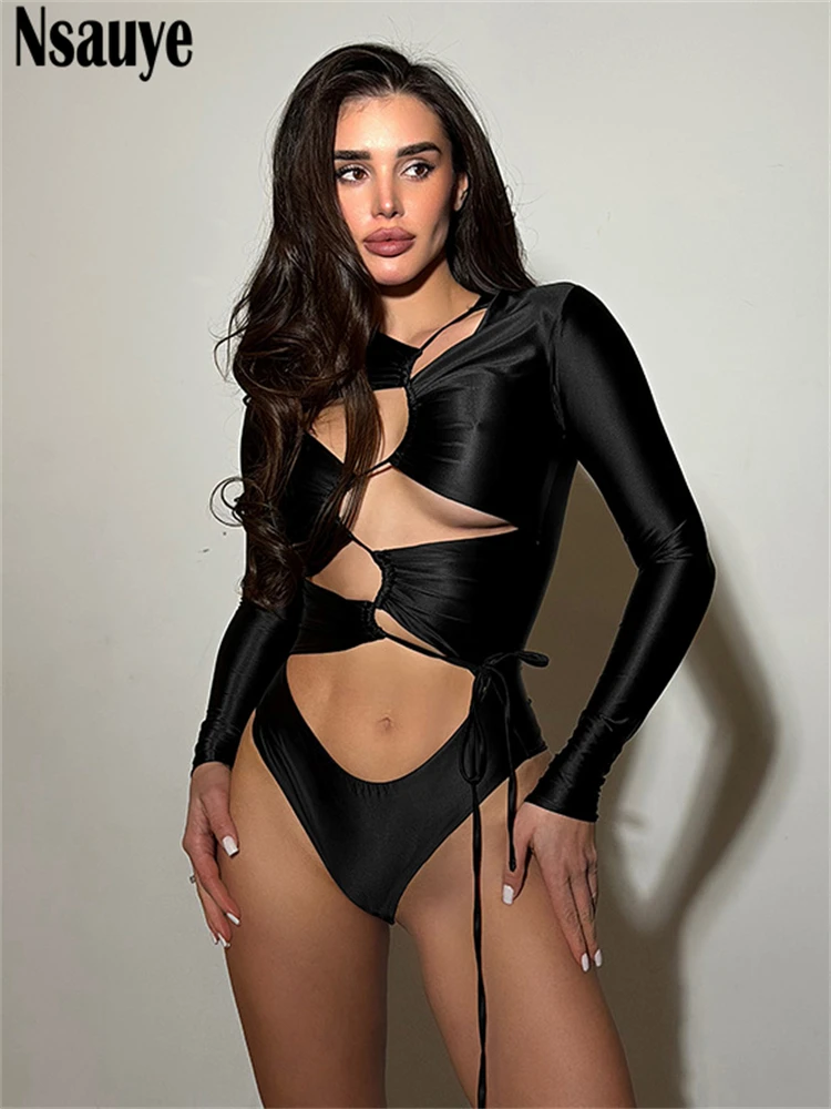 Nsauye Winter Long Sleeve Sexy Night Club High Waist Hollow Out Bodysuit Overalls 2026 Fashion One Pieces Skinny Rompers Outfits