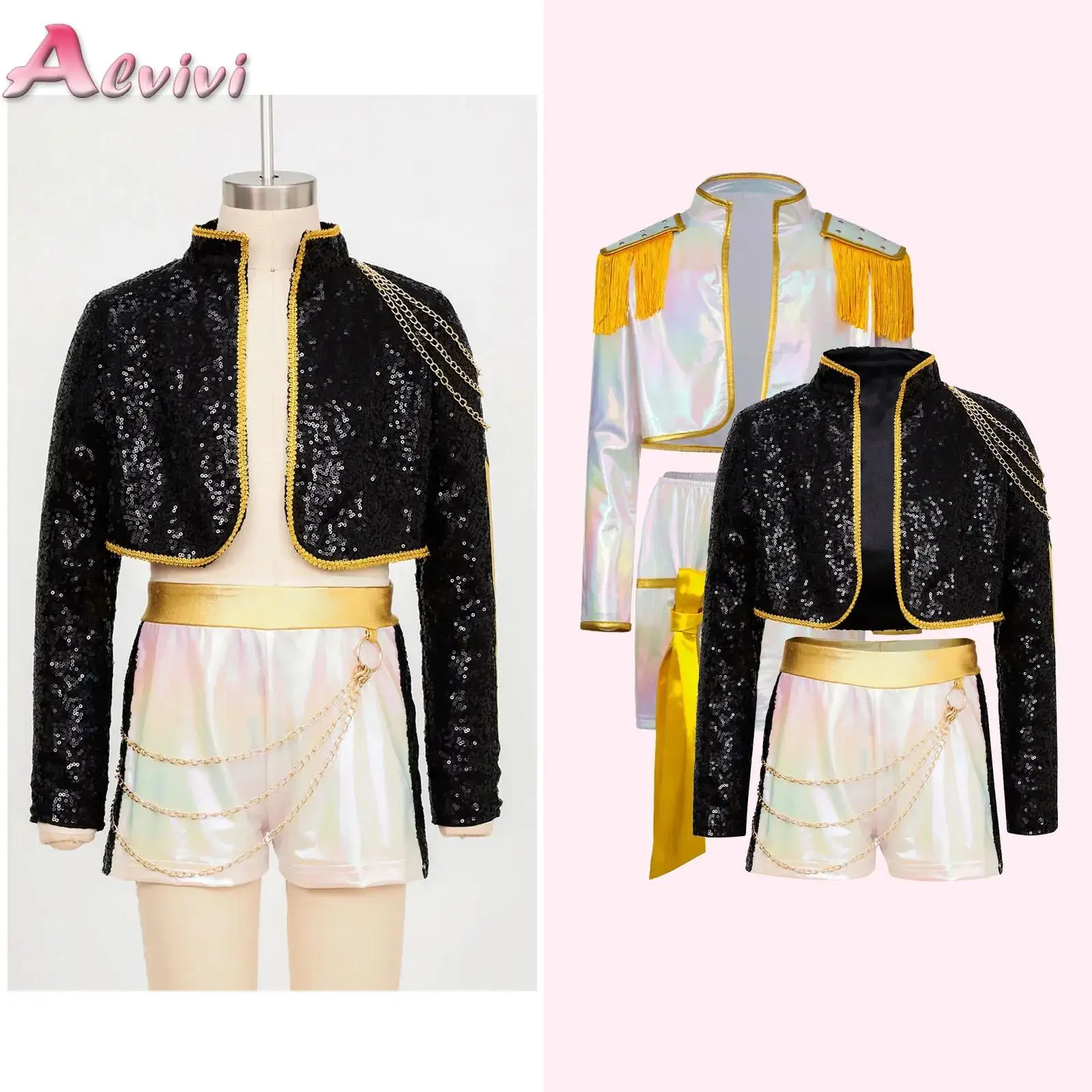 

Kids Girls Demon Cosplay Singer Dance Outfit Sequins Long Sleeve Outer Wear with Gloss Chain Shorts/Skirts Set for Halloween