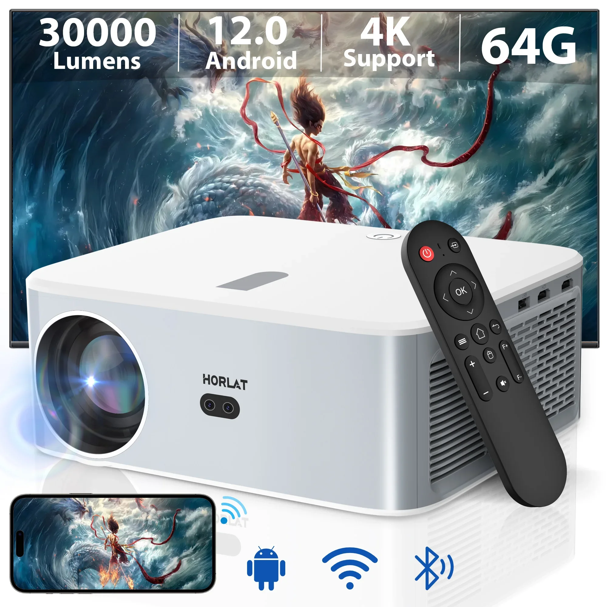 

HORLAT 30000 люмен Android12 4K декодирующий уличный проектор Full HD 1080P видео 3D домашний кинотеатр Keystone 5G Wi-Fi портативный проектор