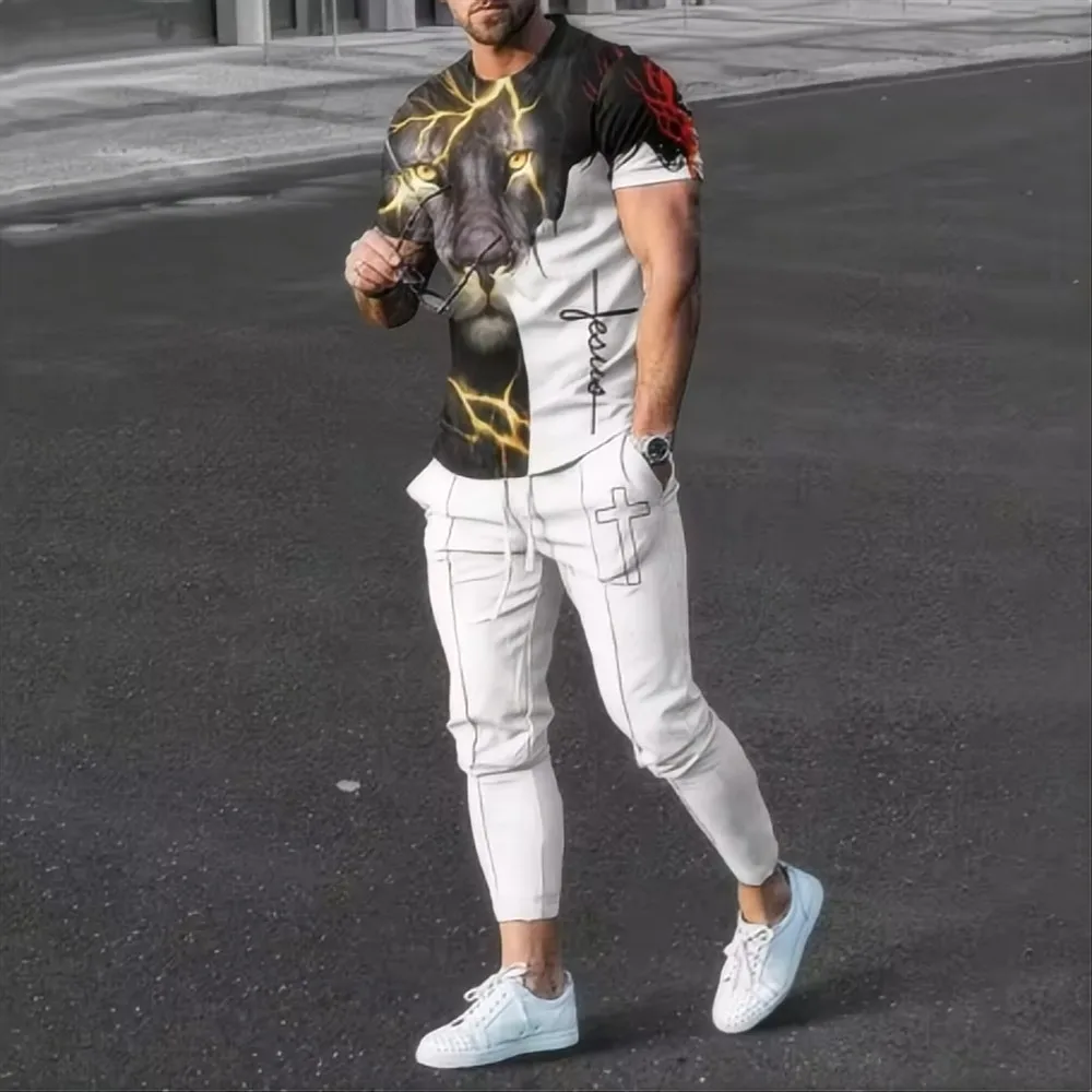 

Creative animal new men's breathable and comfortable round neck T-shirt and pants set, summer outdoor fashion two-piece set