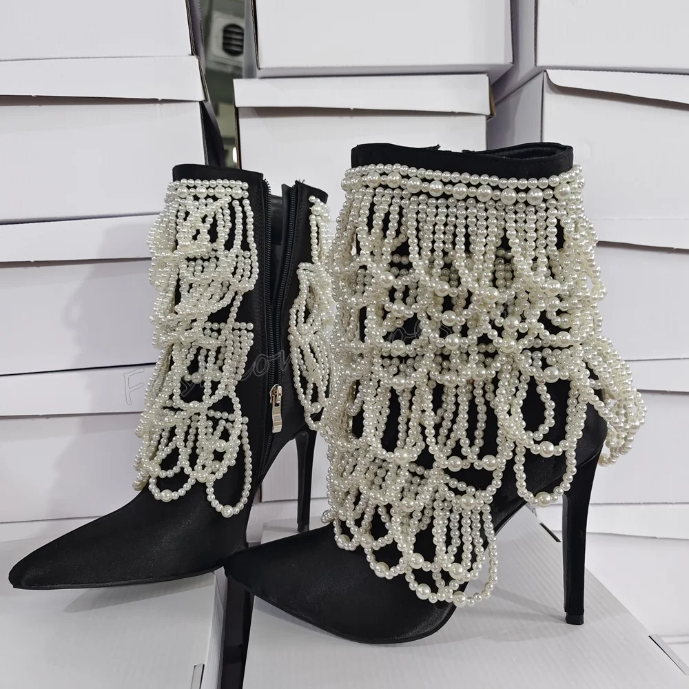 

Black Side Zipper Pearl Decor Boots Stilettos High Heels High Heel Shoes for Women Fashion Heels 2025 New Zapatos Para Mujere