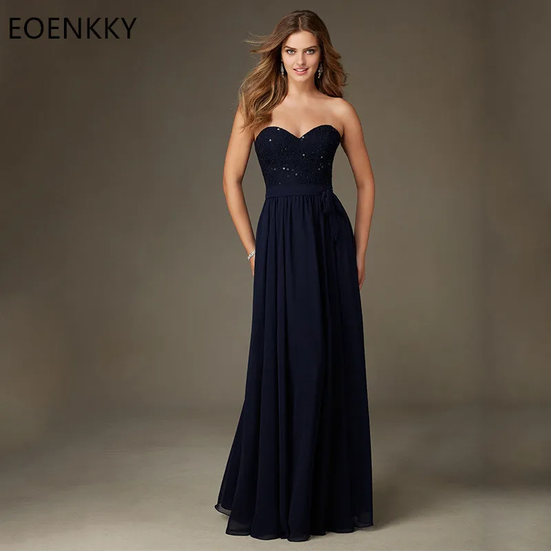 

Navy Chiffon Evening Dresses Strapless Shiny Foor Length Formal Prom Gowns Wedding Guest Dress robes de soirée Customized