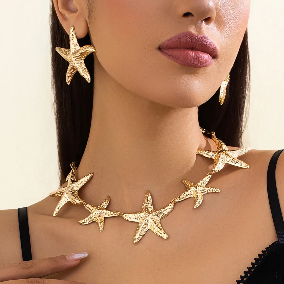 Salircon Bohemia Vintage Large Metal Starfish Choker Necklace Drop Earrings for Women  Trendy Charm Party Banquet Jewelry Set