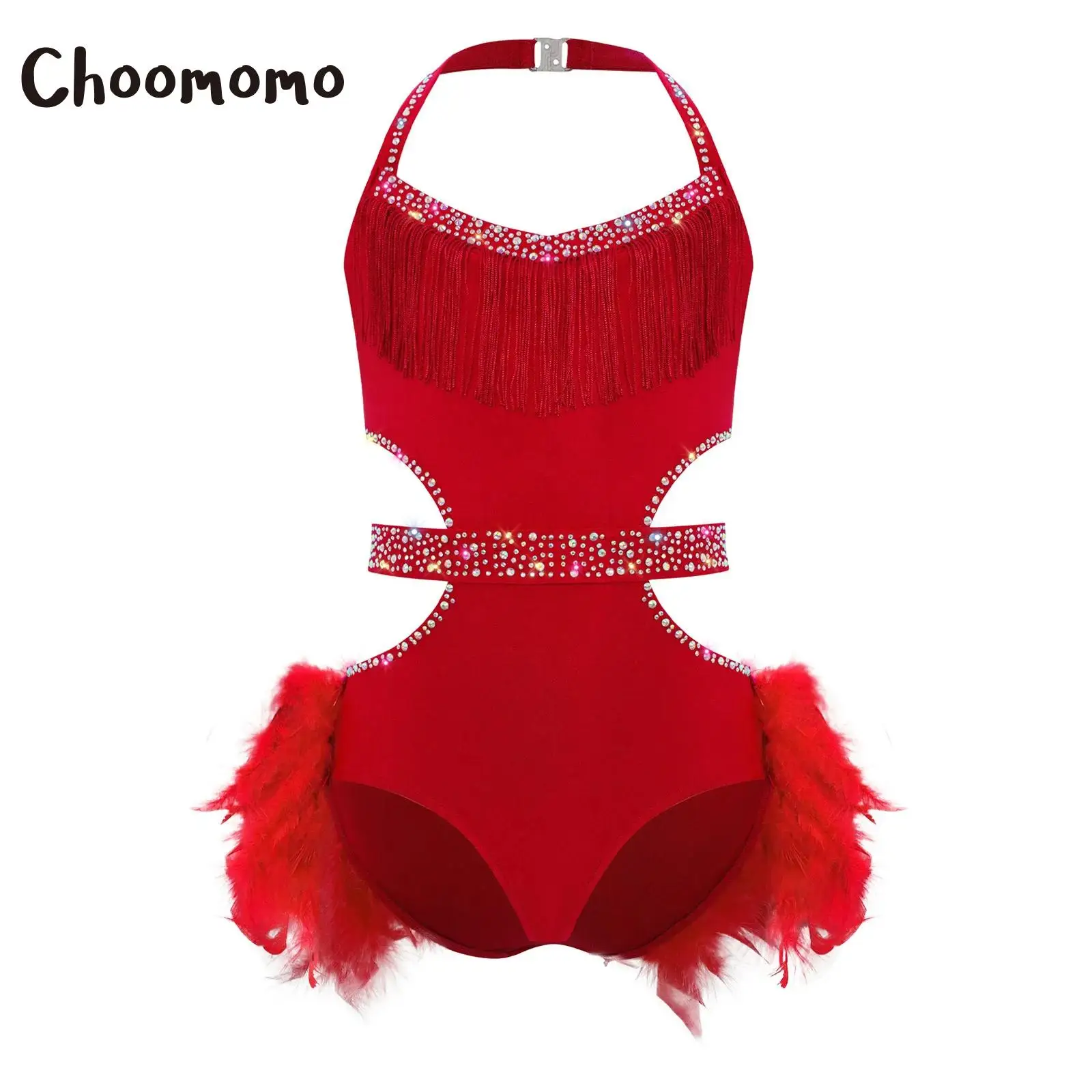 

Kids Girls Latin Jazz Dance Dress Rhinestones Feather Skirted Leotard with Halter Neck Design for Jazz Dance Performance Costume