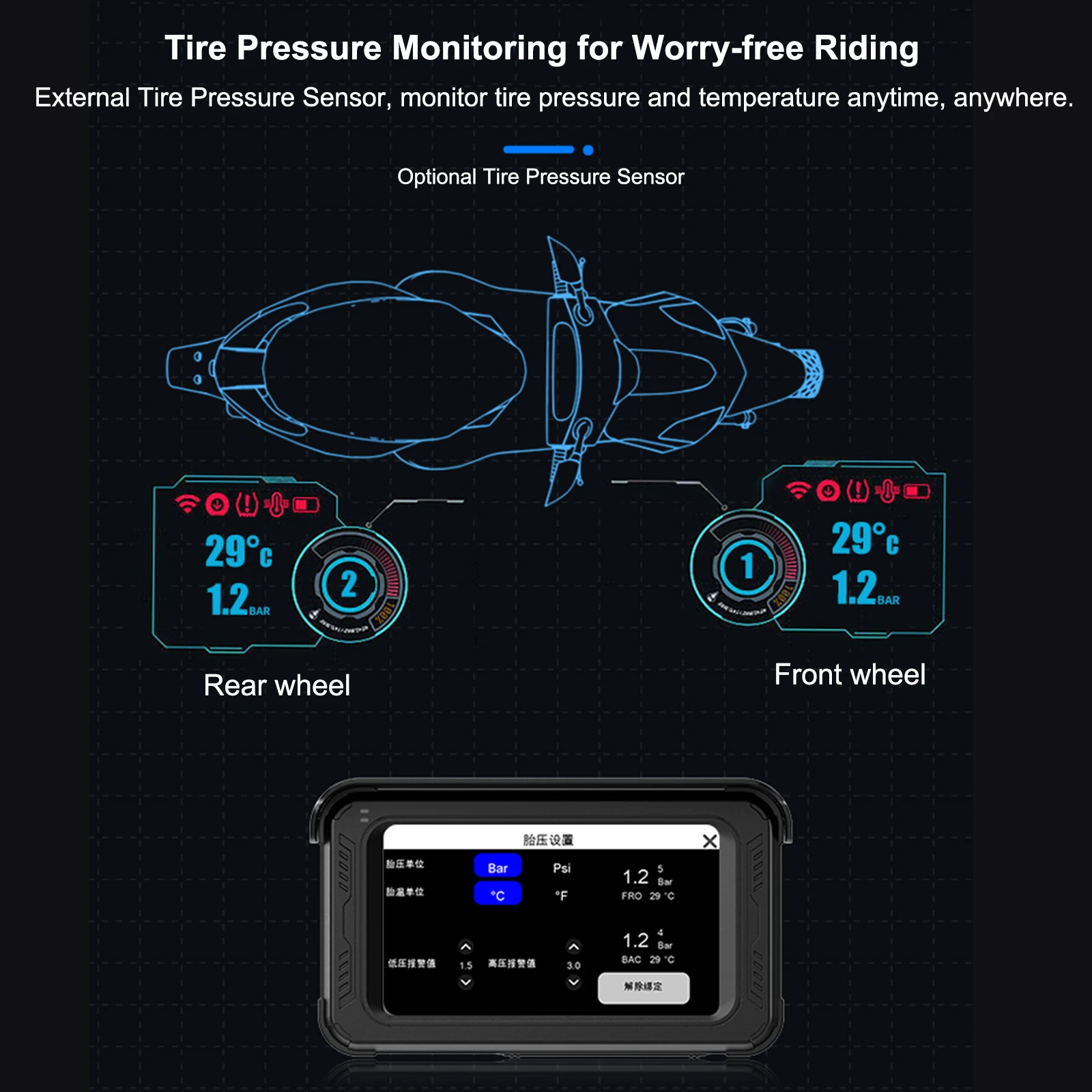 5Inch Motorfiets Navigator Rijden Recorder Bandenspanning Monitoring Moto Draadloze Carplay Android Auto Bluetooth 5.2 Waterdicht