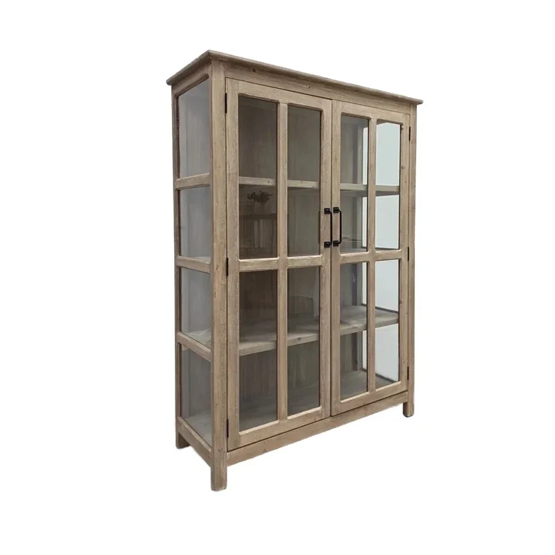 Solid Wood Retro Storage Cabinet with Glass Door Home Bookcase and Drop Zone against the Wall Display Cabinet