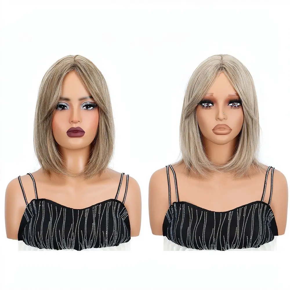Middle Parting Short Straight Bob Wig Synthetic Fiber Natural Looking Clavicle Length For Women Daily Party Hair Accessory