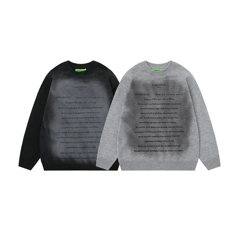

Vintage letter print pullover sweater crew neck personality graffiti loose versatile knitted top men and women