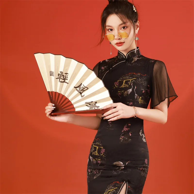 

2022 Summer Autumn New Style Feifei Sleeve Front Slit Short Cheongsam Traditional Chinese Modern Improved Qipao Dress for Women