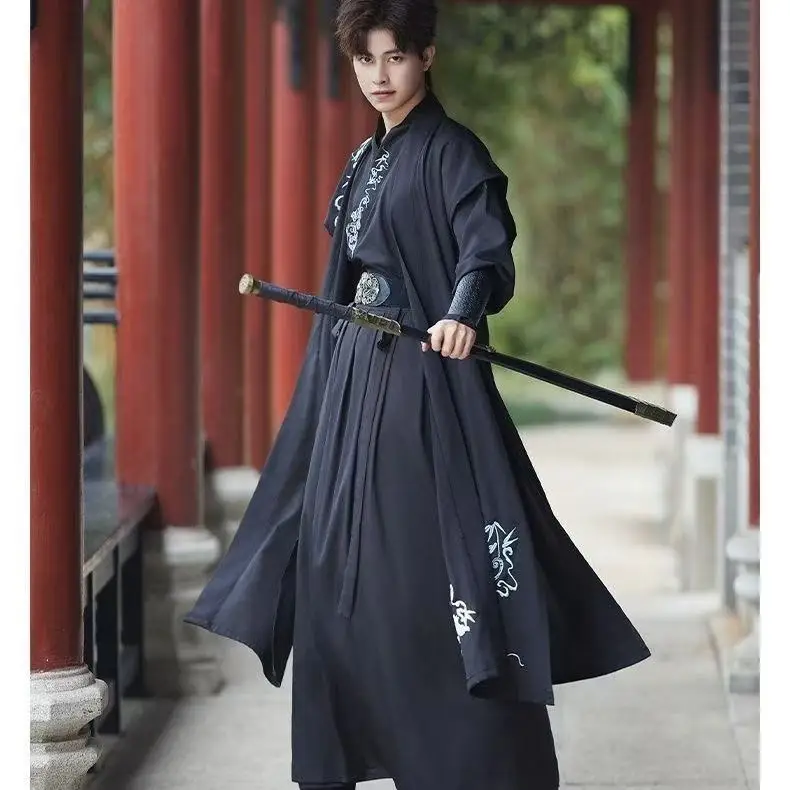 Men's Song Dynasty Hanfu Dress Set Traditional Chinese Embroidery Costume Stylish Boys Girls Swordsman Cosplay Stage Clothing