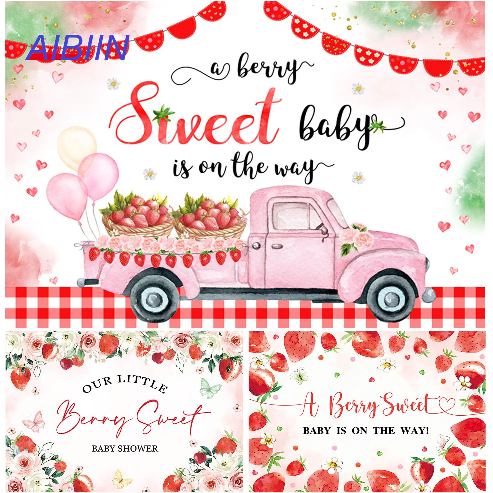 AIBIIN Strawberry Baby Shower Photography Backdrop Sweet Berry Butterfly Party Decor Background Cake Table Banner