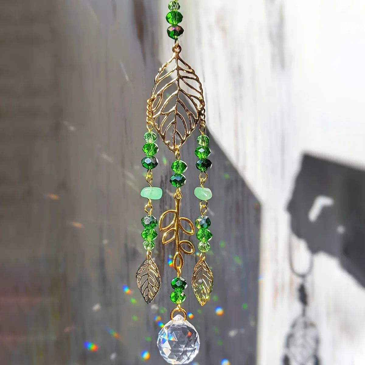 Crystal Suncatcher Gold Leaf Green Beads Hanging Prism Ball Rainbow Maker Window Curtain Decoration Garden Home Boho Decor Gift