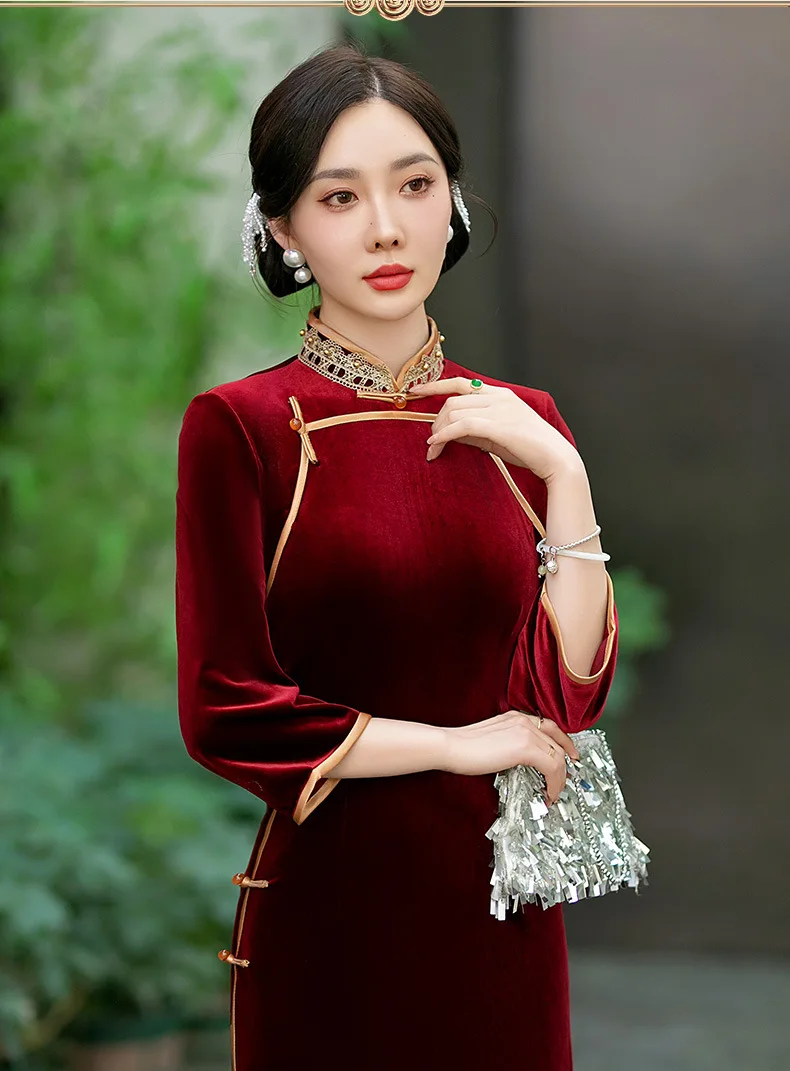 

Yourqipao Chinese Retro Red Mother's Wedding Guest Cheongsam Dress Improved Plus Size Velvet Qipao