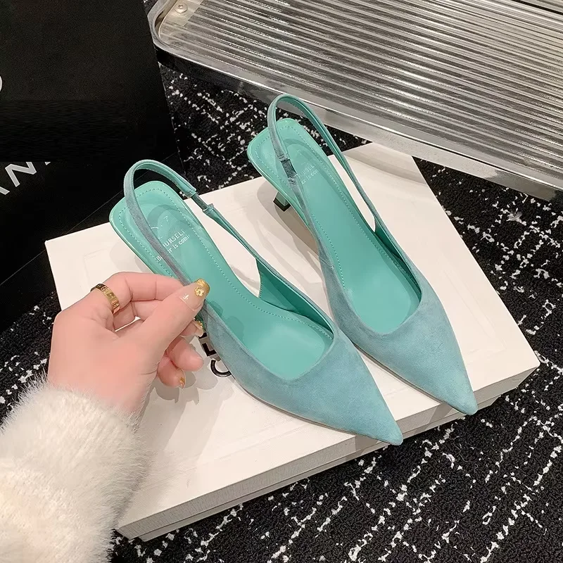 Women Summer Shoes Sexy Heel Elegant Pumps Genuine Leather Pointed Toe Sandals Spring Popular Simple Shoes Green Blue Footwear