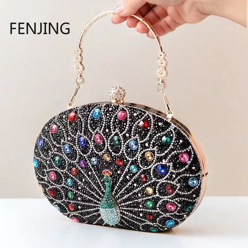 Design circular feminino sacos de noite strass festa casamento nupcial saco embreagem diamantes metal pavão animal pequenas bolsas 2024