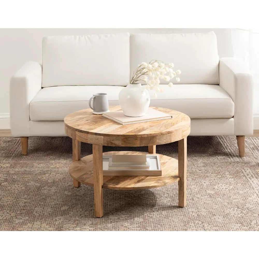 طاولة قهوة مستديرة حديثة متدرجة، 28 × 28 × 18، خشب طبيعي، غرفة معيشة دائرية انتقالية من طبقتين T #4