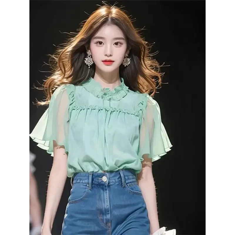 

French Top Summer New Style Mint Green Ruffled Chiffon Short-sleeved Shirt XQ770