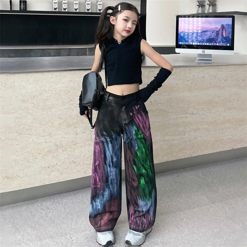 2023 الخريف الشتاء الهيب هوب الجاز المراهقات الفتيات الأطفال راقصة واسعة الساق الكتابة على الجدران السراويل 4 10 11 12 14 سنة بنطلون أطفال الشارع