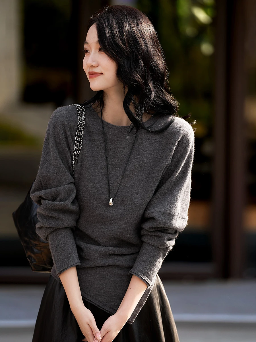 

Женская асимметричная футболка Xhange из шерсти и хлопка с длинным рукавом, модная, для повседневной носки, стандартной длины, с круглым вырезом, новинка осени