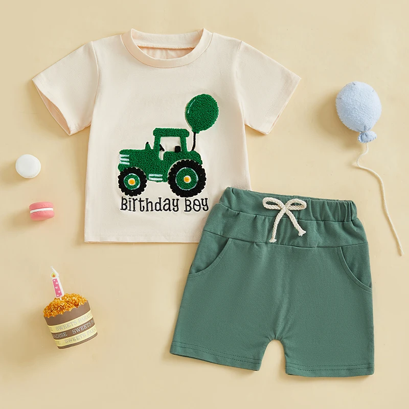 Summer Baby Toddler Boy Outfit Tractor Balloon Letter Embroidery Short Sleeve T-shirts Solid Shorts Farm Clothes Baby's Sets