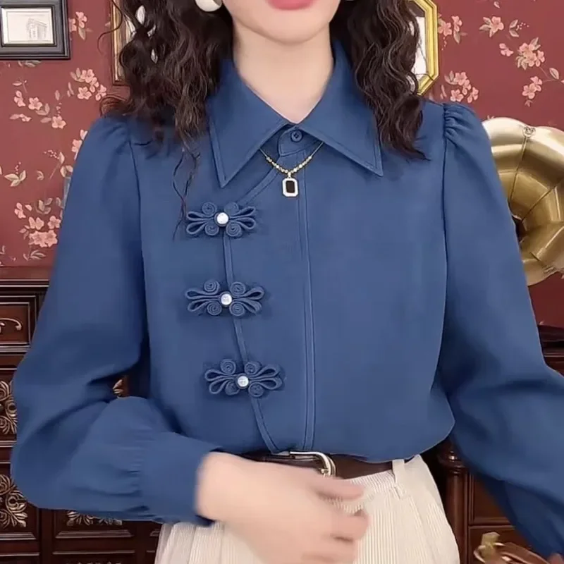 

Women's Vintage Chinese Style Buckle Shirt Autumn Winter Asymmetrical Designer Chic Blouse Elegant Solid Long Sleeve Loose Tops
