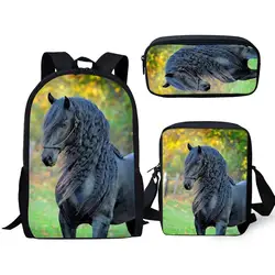 Classic Popular Friesian Horse 3D Print 3pcs/Set pupil School Bags Laptop Daypack Backpack Inclined shoulder bag Pencil Case