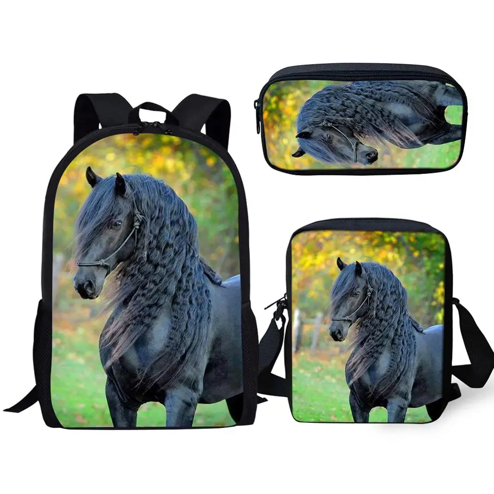 Trendy Popular Friesian Horse 3D Print 3pcs/Set pupil School Bags Laptop Daypack Backpack Inclined shoulder bag Pencil Case