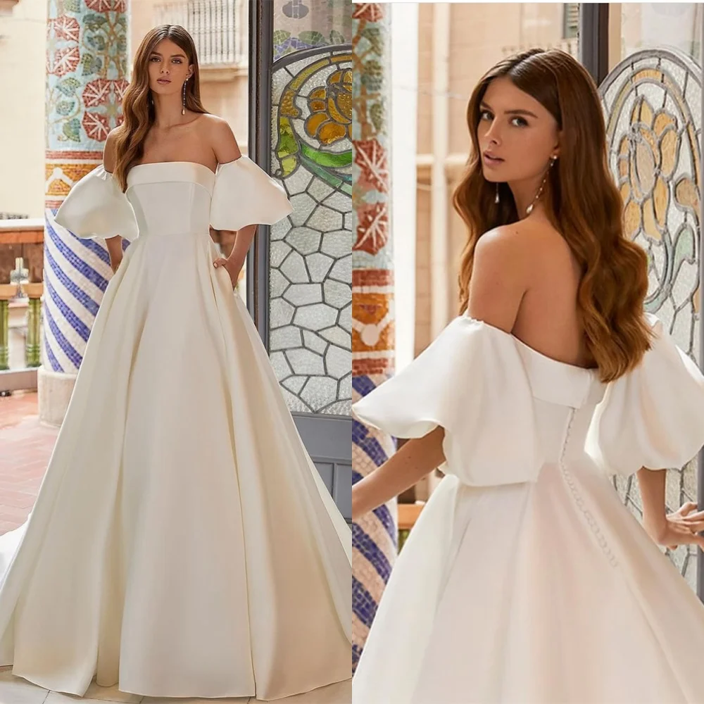 

Customized High Quality White Satin Bridal Gowns Strapless Off the Shoulder Short Sleeves Wedding Dress Buttons Back Dress
