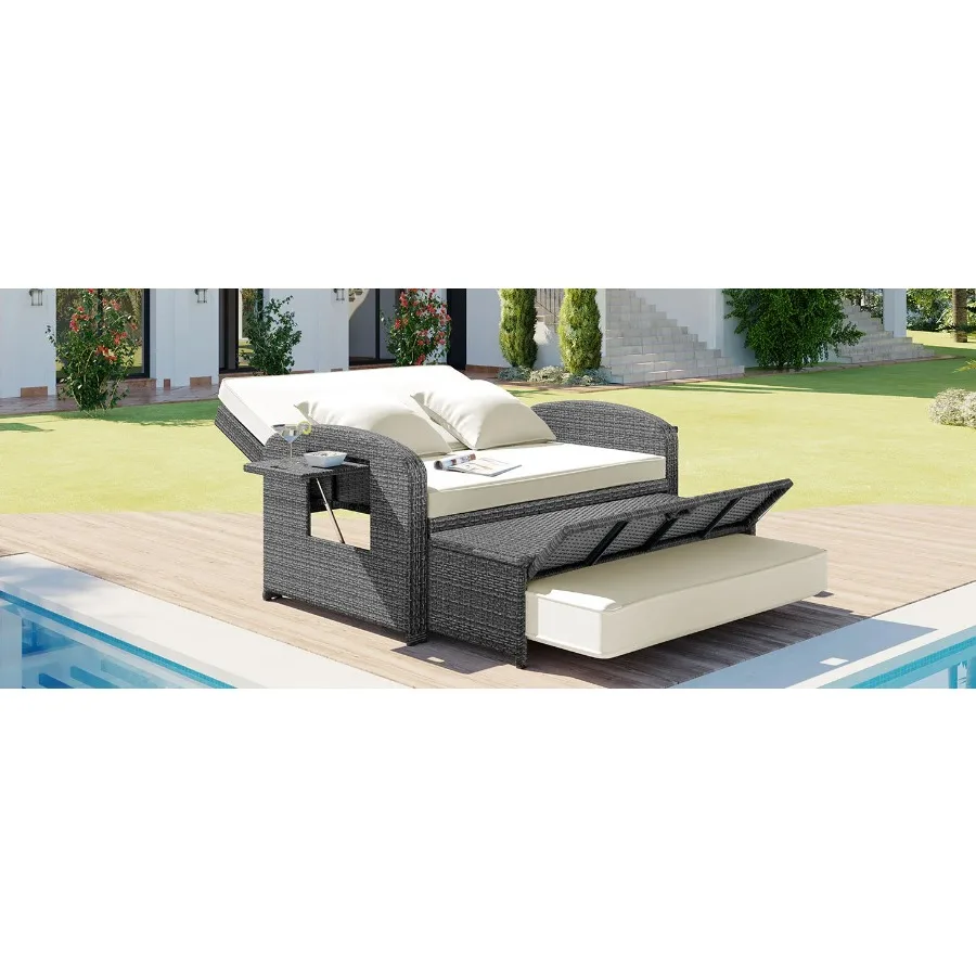 

TOPMAX PE Wicker Rattan Double Chaise Lounge 2-Person Reclining Daybed with Adjustable Back and Cushions Free Furniture Protect