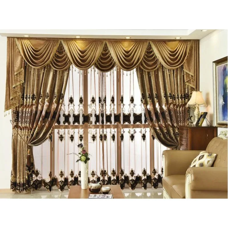 European Style Curtains for Living Room Dining Room Luxury Chenille Fabric Hollow Embroidered Window Home Curtain Custom