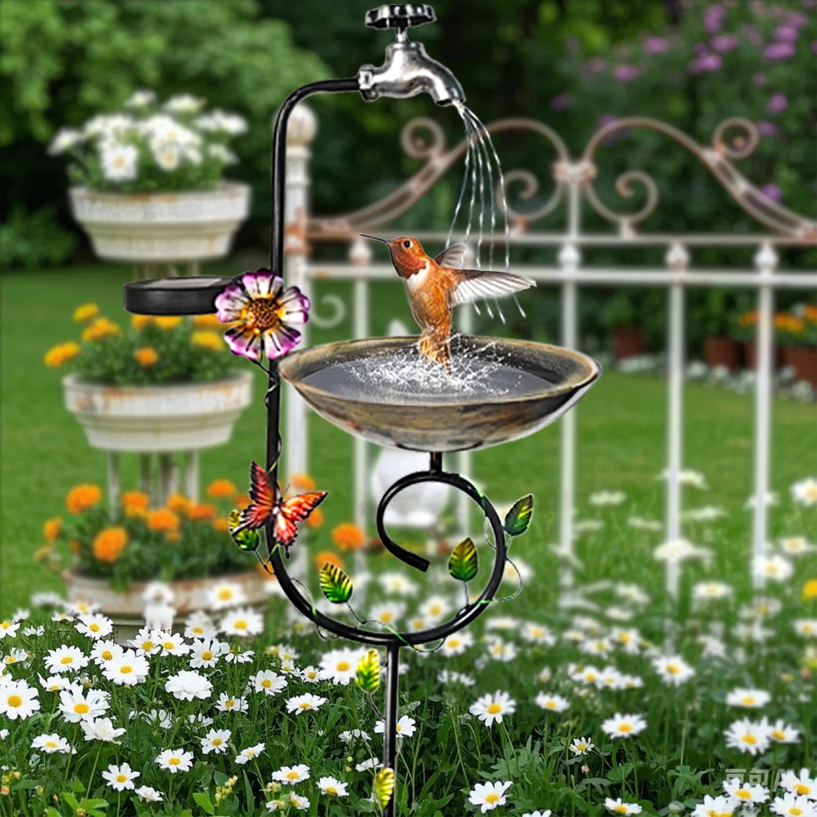 

Metal Bird Bath with Solar Foucet Lights, Garden Birdbath with Plant Support for Climbing Plants with Detachable Iron Bowl