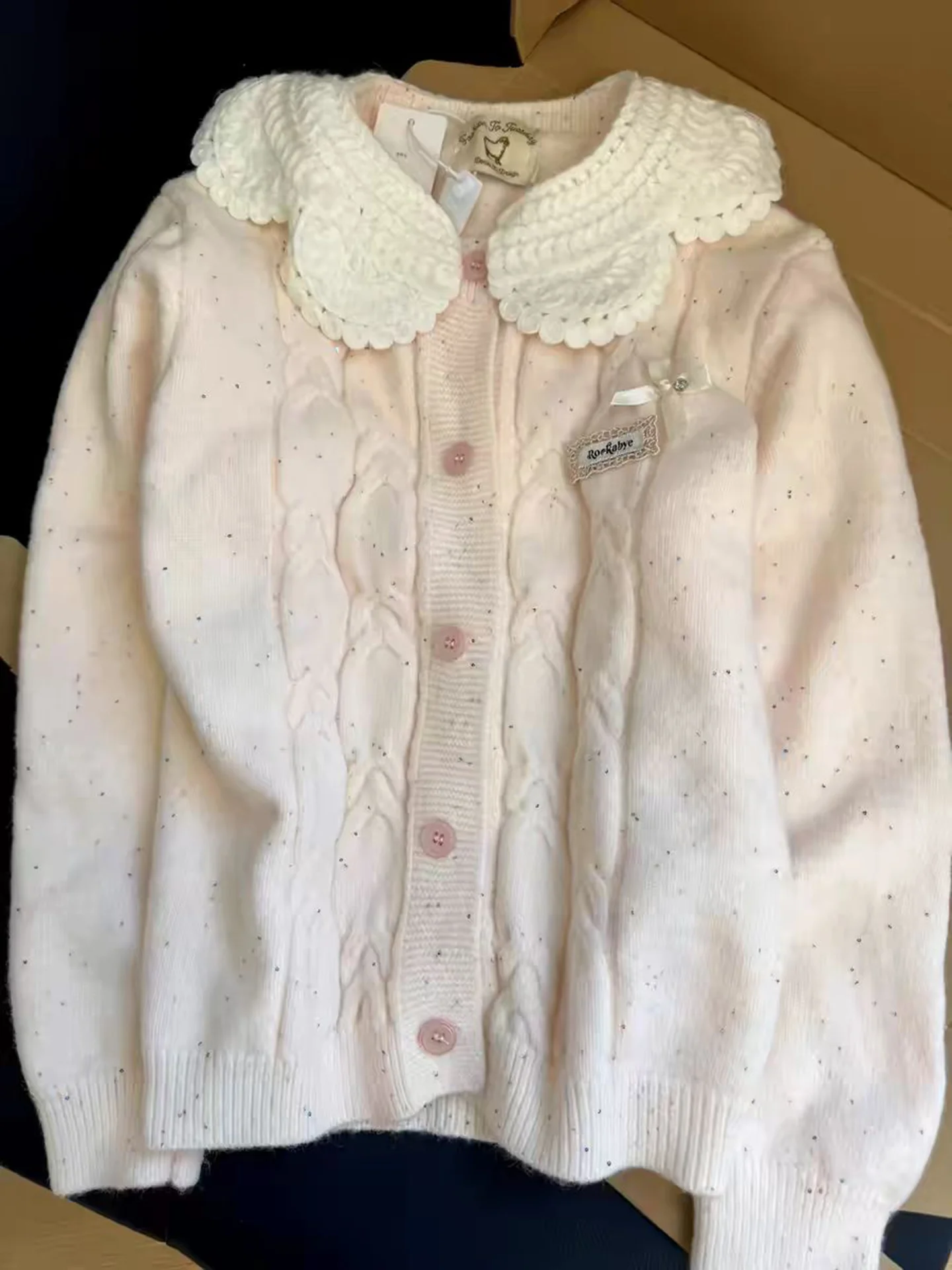 Sweet Lace Trim Splice Doll Collar Twist Knit Sweater Women Gentle Atmosphere Sense Versatile Anti-Aging Open Cardigan