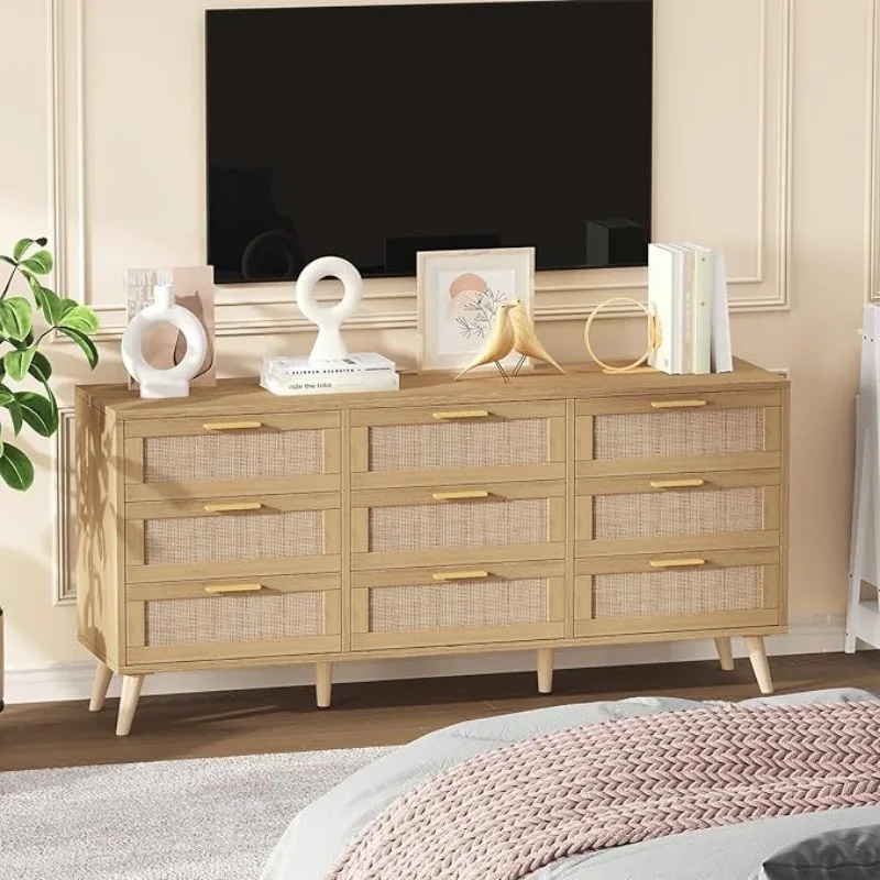 Drawer Double Dresser for Bedroom Rattan Chest of Dressers  Modern Wooden Dresser Chest with Golden Natural