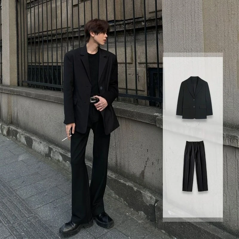 Men's Ascetic Black Casual Blazer Set Premium Spring Autumn Dandy Padded Shoulder