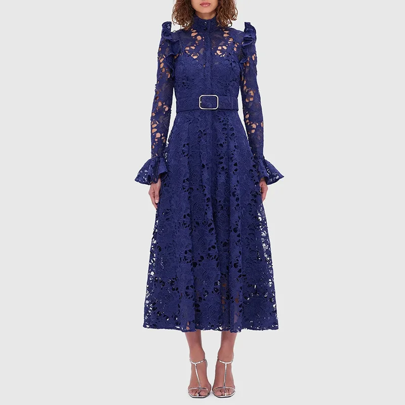 GIOIO Women's vintage lace hollow out flying long sleeve slim dress elegant mock neck waisted swing long dress with belt