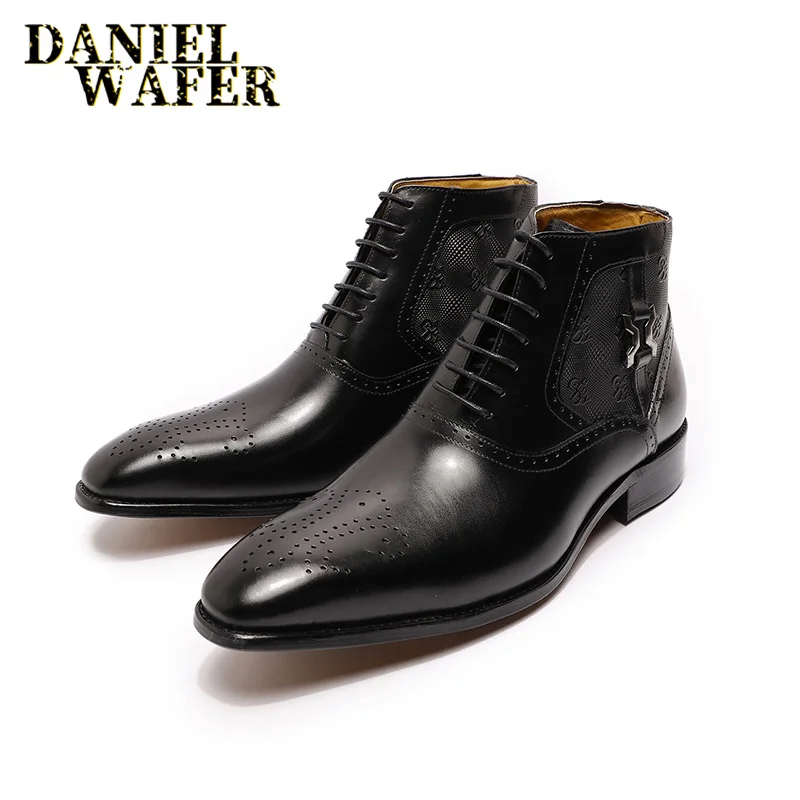 Fashion Brand Ankle Boots Luxury Men\'s Dress Boots Black Brown Handmade Lace Up Pointed Toe Genuine Leather Basic Formal Shoes