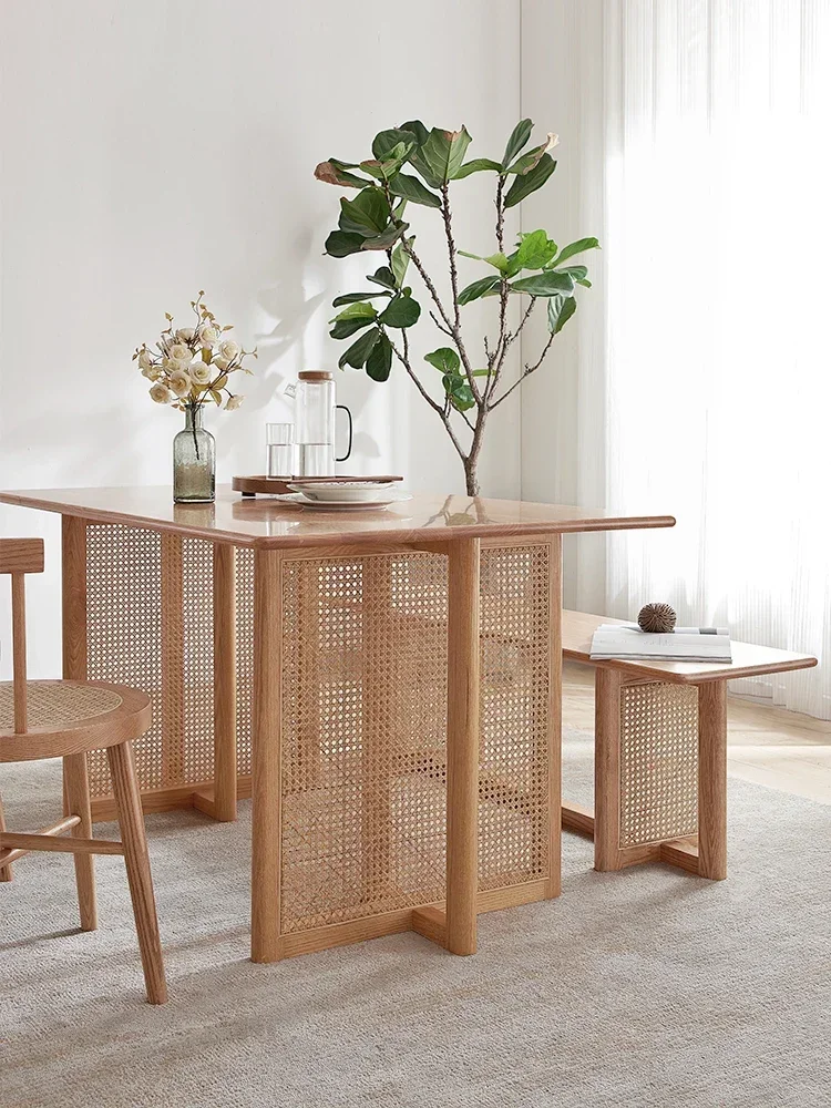 Dining Tables and Chairs Set Oak Simple Small Apartment Rattan Bench One Table Four Chairs Dining Table Small Apartment