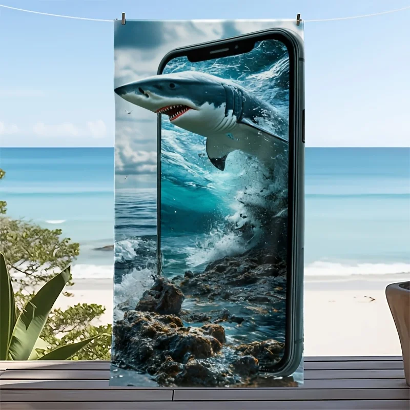 shark broke through the glass and emerged polyester microfiber beach towel is highly absorbent, suitable for swimming and beach