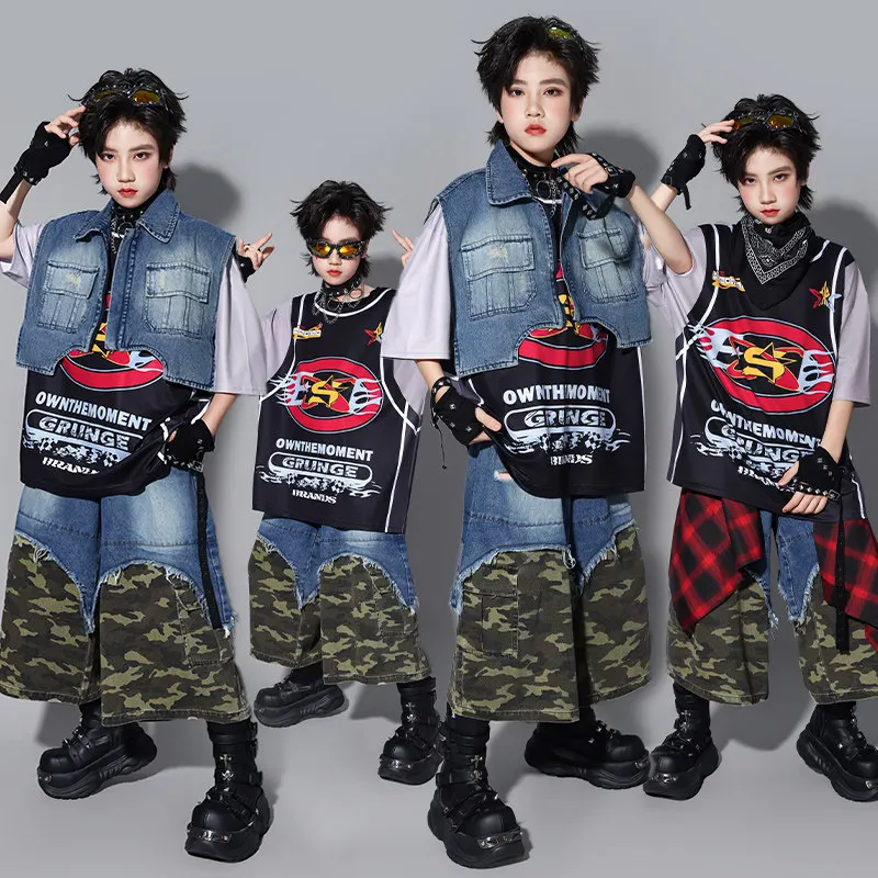Cool Boys Hiphop Street Dance Costume Kids Denim Vest Suit Children Jazz Drummer Performance Outfit Stage Show Clothing Set