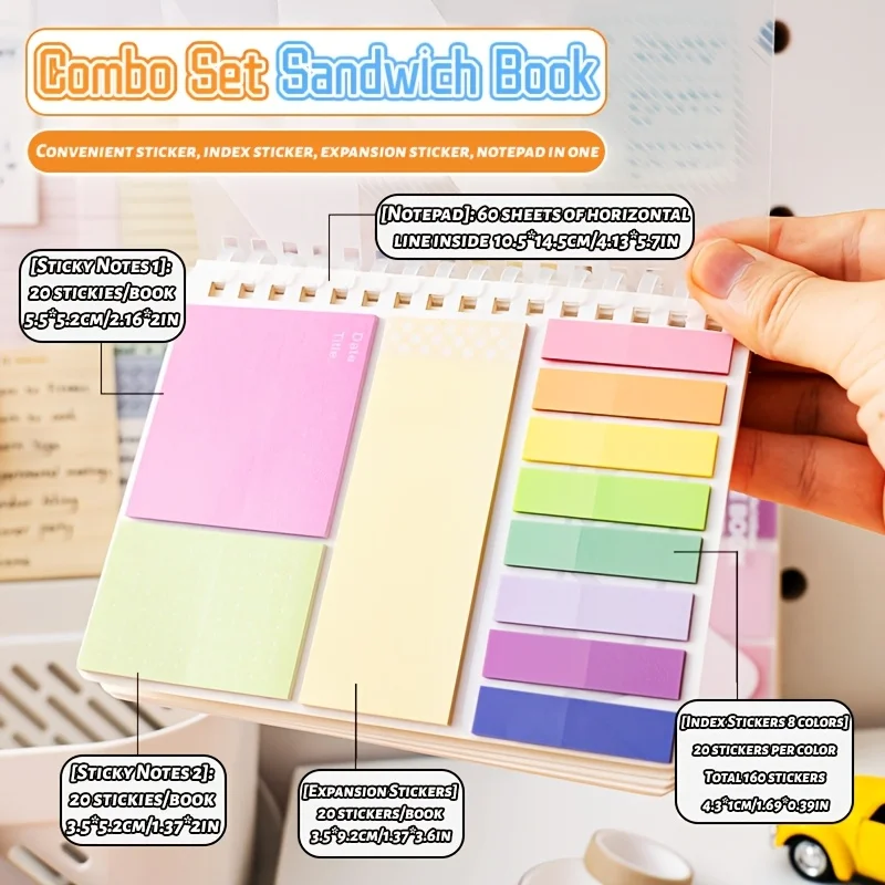 1Pc Coil-Bound Multi-Functional Notebook with PET Case (220 Sticky Notes + 60 Pages), Portable & Durable for Notes & Lists