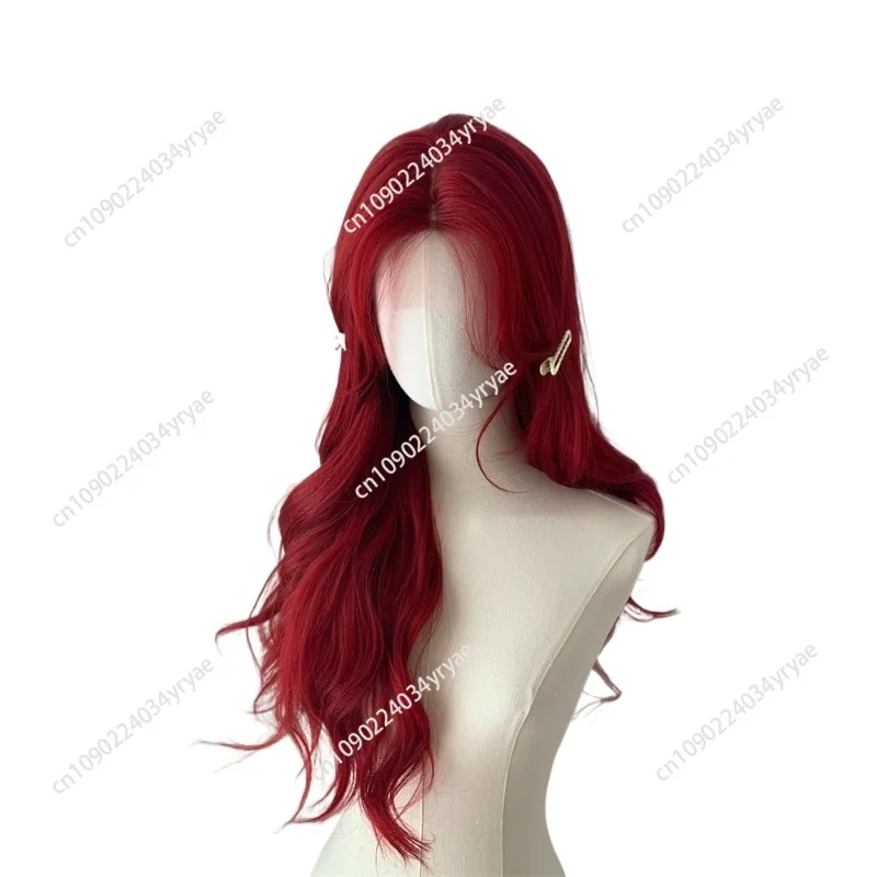 Red wig forehead lace female full hood big wavy curly hair long hair universal cos