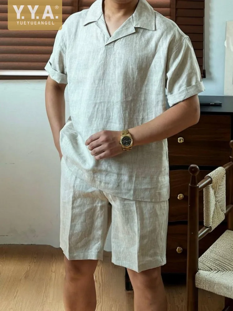

Summer Men Casual Solid Color Short Sleeve Pullover 100% Linen Shirt Breathable Cuban Collar Fashion Men Loose Fit Two Piece Set