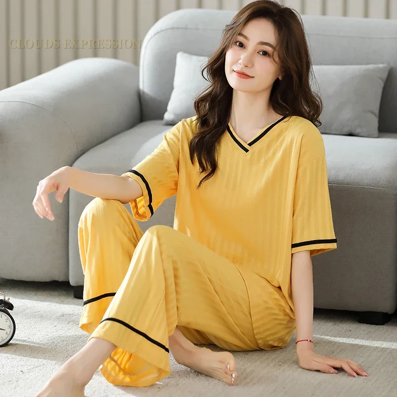 Summer Knitted Cotton Elegant Pajamas Set Women Pyjamas Polka Dots Sleepwear Nightwear Pijama Mujer Plus Size Calf-Length Pants