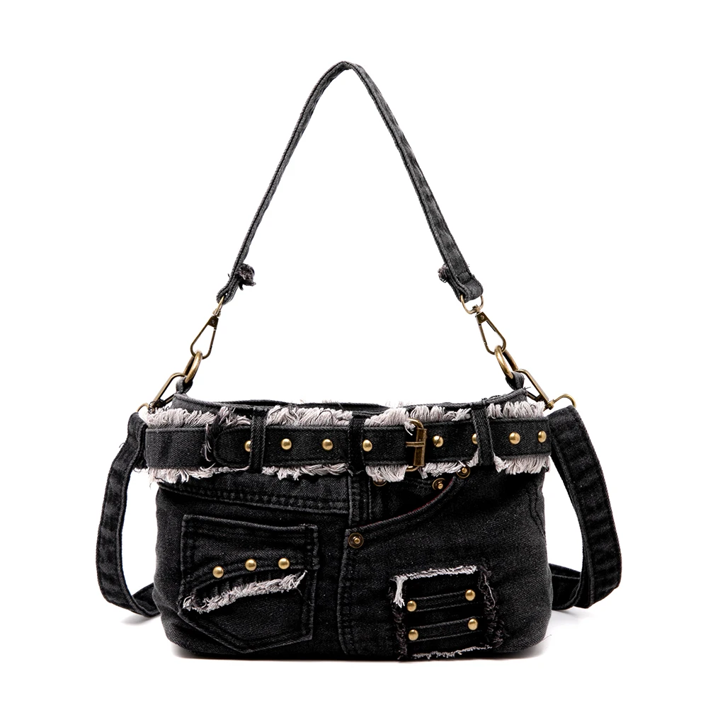 Female Cool Handbag The Cowboy Material  Jeans Pocket With Metallic Rivets And Buckle Denim Cross Body Bag