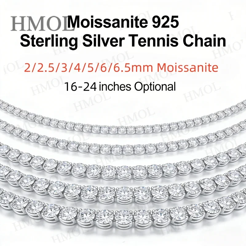 Moissanite Tennis Necklace 925 Sterling Silver D VVS1 Round Cut 2-6.5mm Perfect Gift Luxury Hip Hop Jewelry 16-24inch