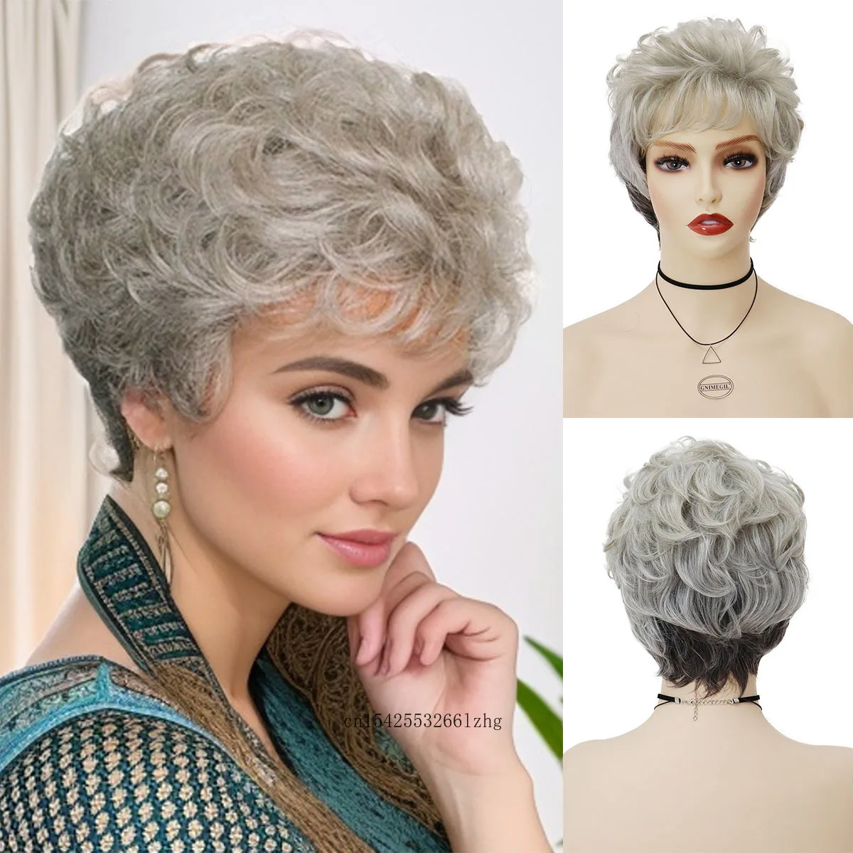 GNIMEGIL Women\'s Grey Wig Synthetic Natural Layered Haircut Short Curly Wig with Bangs Elderly Ladies Grandmother Wig Cosplay