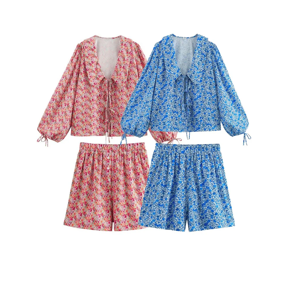 Casual Print Doll Collar Lace Up Shirts and Shorts Set Summer Long Lantern Sleeve Blouses High Waist Elastic Shorts Outfits