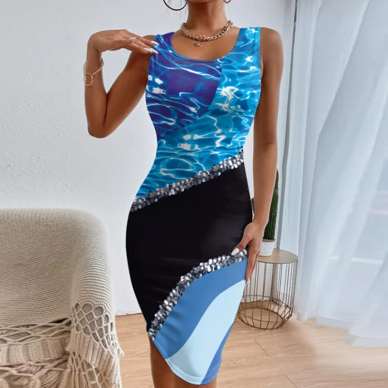 

Summer Sundress O Neck Skinny Dress Women Summer Beach Vacation Sleeveless Dresses Slim 3D Printed Blue Water Female Streetwear