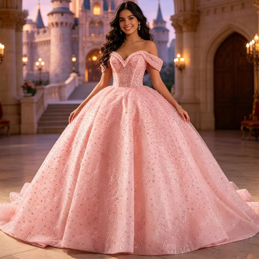 Customized Pink Vestido 15 Años Quinceañera Off Shoulder Sweetheart Sequined Beading Crystal Lace Up Back Long Dress